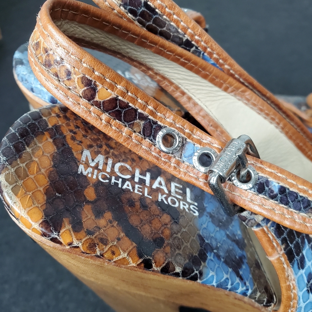 10) MICHAEL KORS Ombre Snake 🐍 Chunk Wood Platform Slingbacks Sz. 8.5 - Picture 6 of 8